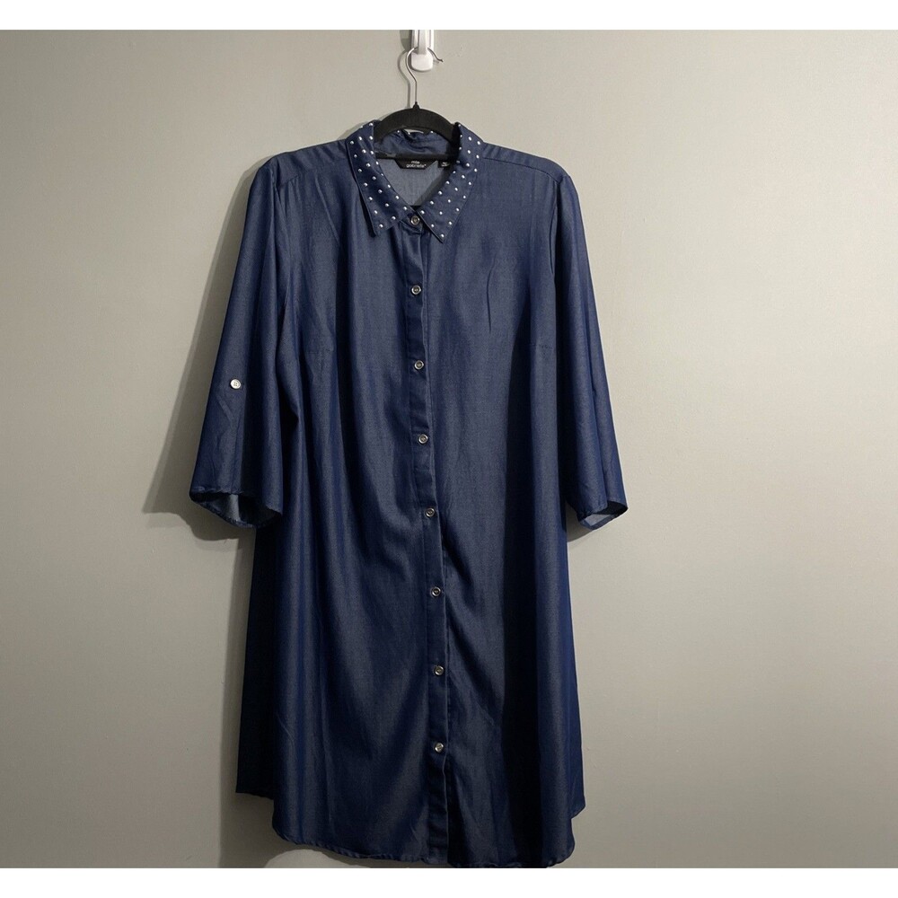 Mlle Gabrielle Women’s Blue Chambray Belted Dress Sz 1X Studded Collar Western
